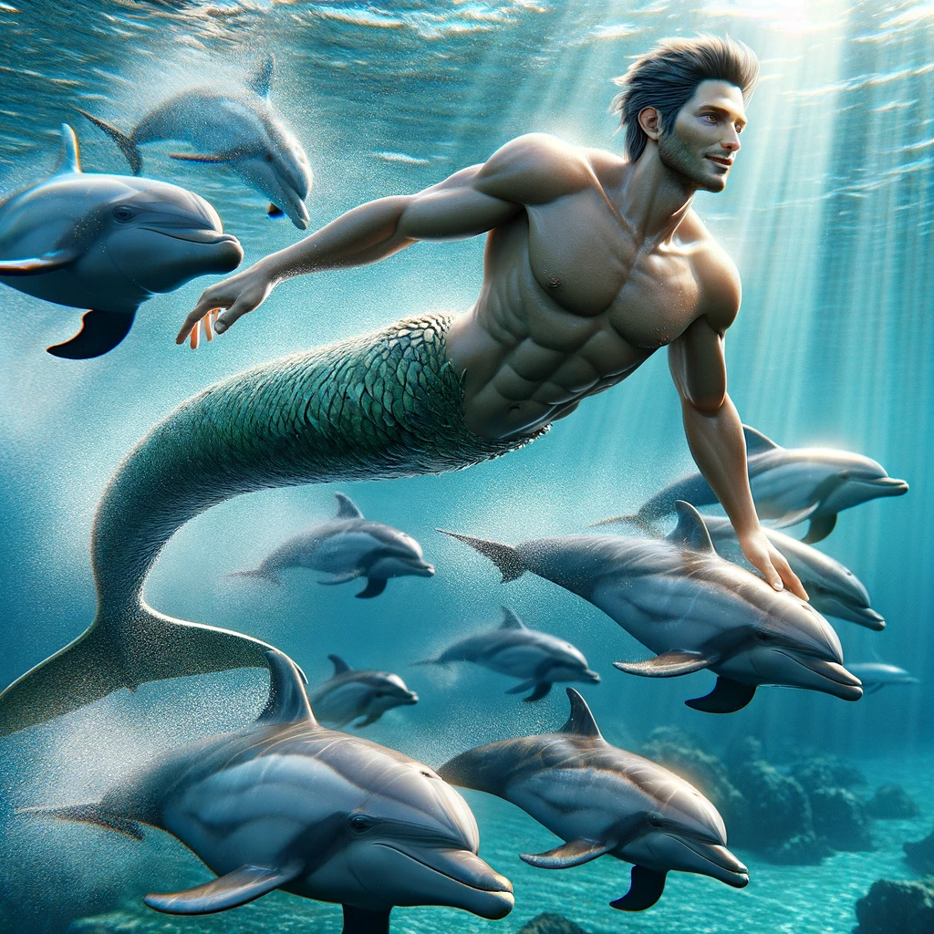 merman swimming with dolphins