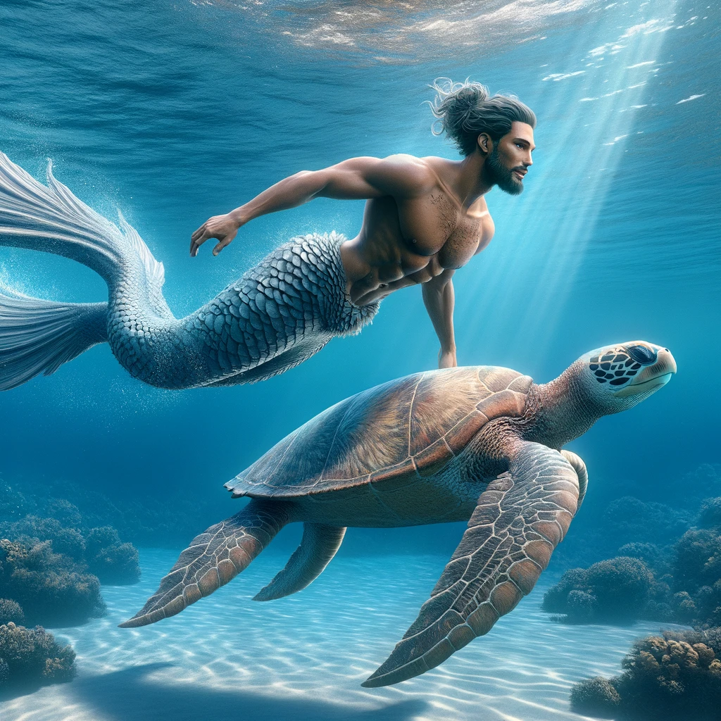 merman swimming with sea turtle